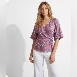 Ro & De Floral Kimono Top Faux Wrap Asian Purple Satin SMALL Romantic Feminine